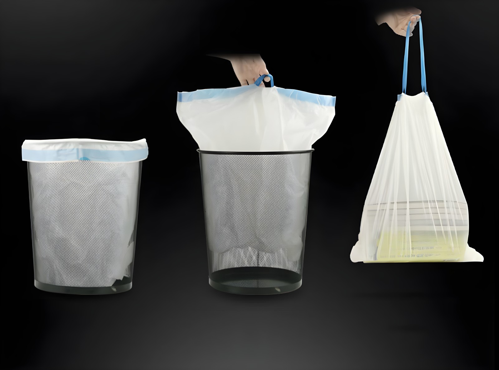 Garbage bags with drawstring tapes on buckets and in a hand against a dark background